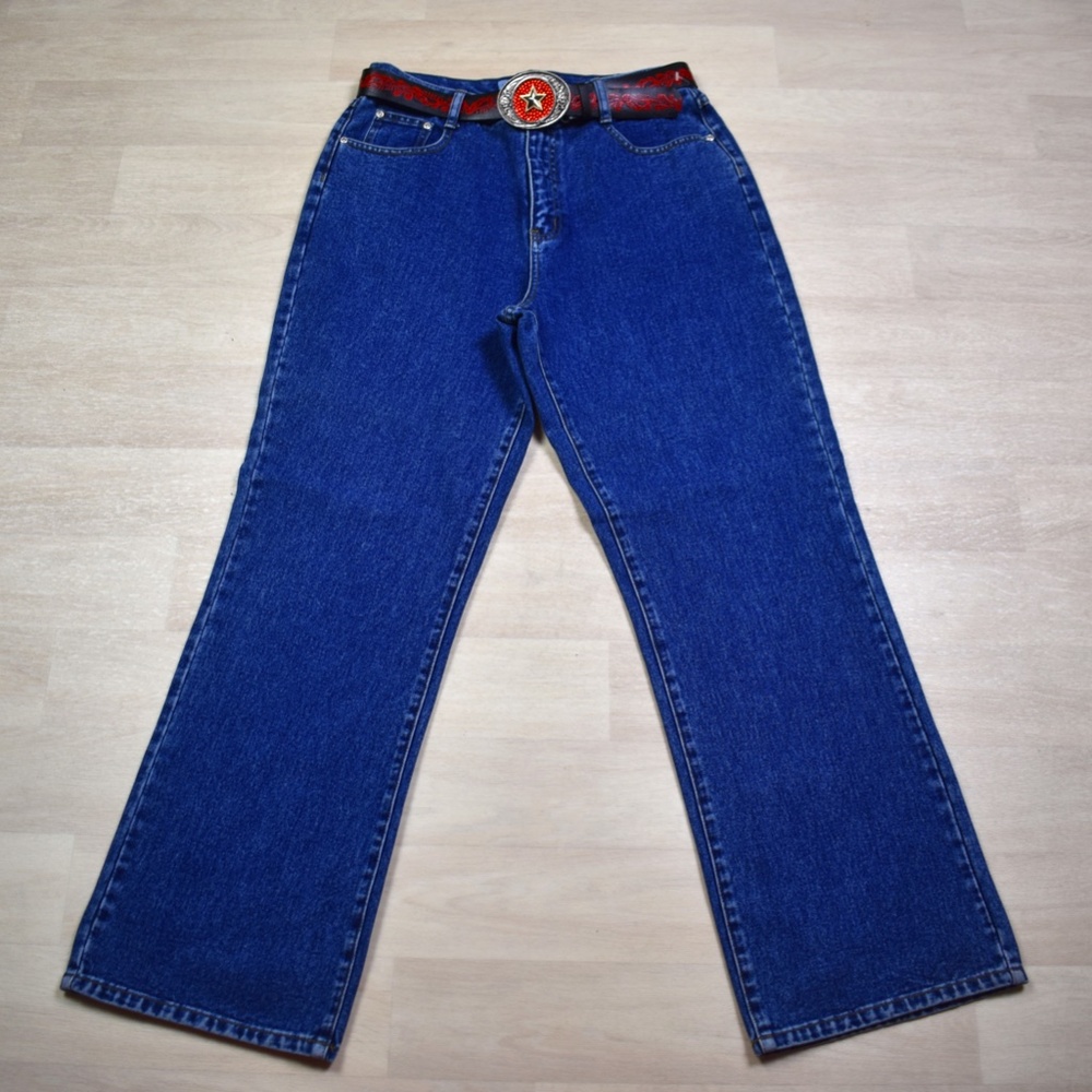 Y2K LA Blues Wide Flare Bootcut Jeans High Rise Belt Y2K-Western 14 VTG 1990s